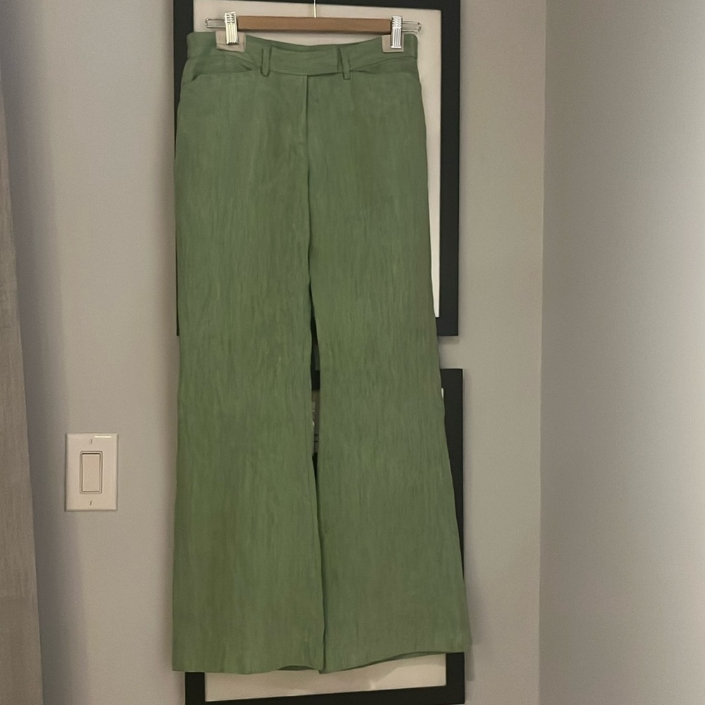 Vintage 1990s 90s Y2K Cynthia Rowley green linen slight flare pants 2